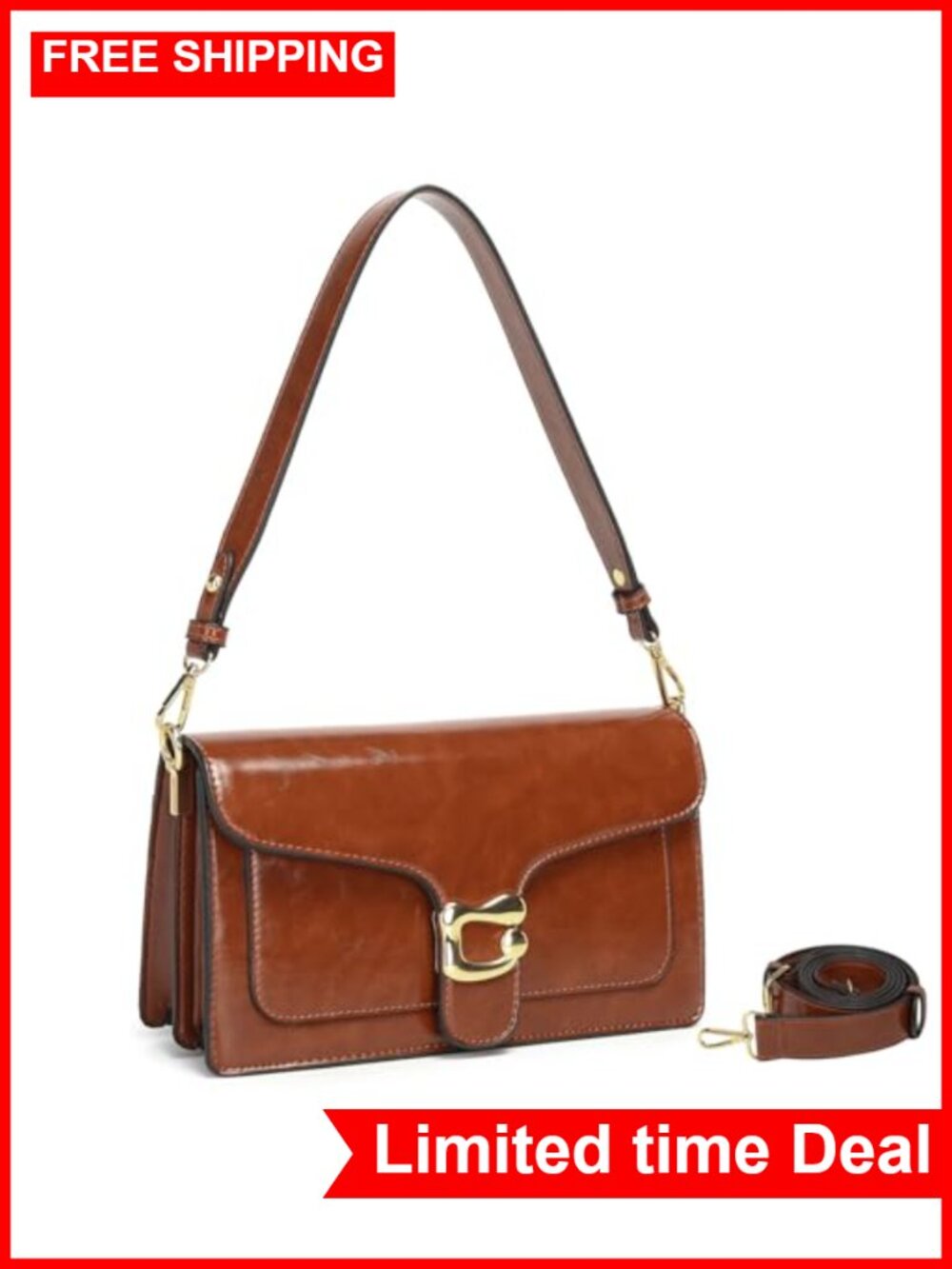 Small Crossbody Bag w/ 2 Straps, Vegan Leather, Flap Magnetic Closure